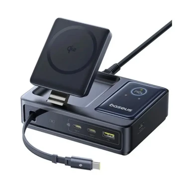 شارژر رومیزی باسئوس 5 پورت مدل Nomos Qi2 با توان140 وات